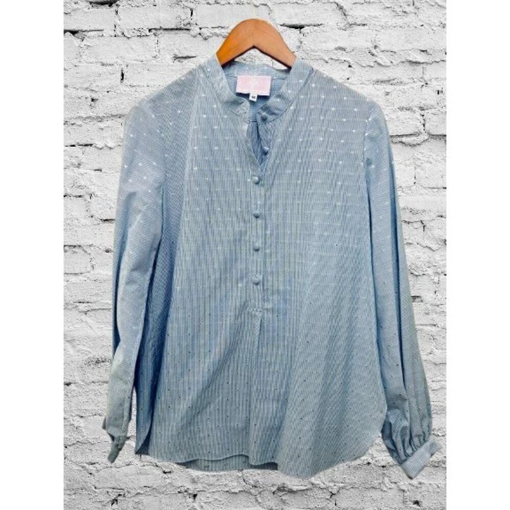 Michelle Farmer blouse blue stripes silver dots front buttons Size Med